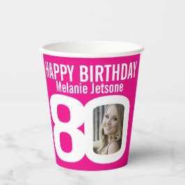 Vasos De Papel cumpleaños 80 personalizado dos fotos rosa blanco