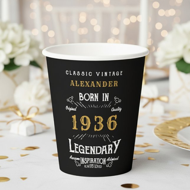 Vasos De Papel Cumpleaños 90 1936 Legendario Retro (1936 birthday black paper cup with white and gold background)