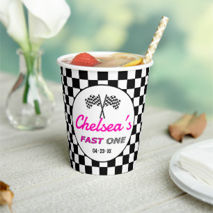 Vasos De Papel Cumpleaños Banderas de Auto de Carrera Rosa Negro 