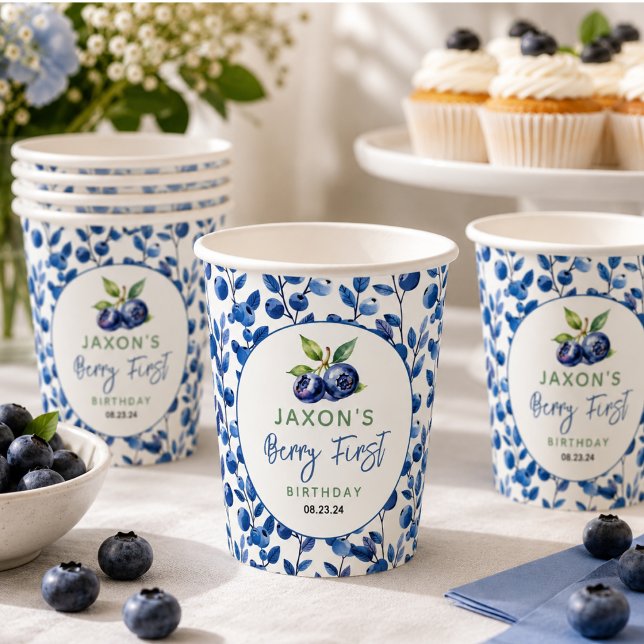 Vasos De Papel Cumpleaños Berry First de Arándanos 1er (Berry First Blueberry 1st Birthday Party Paper Cups)
