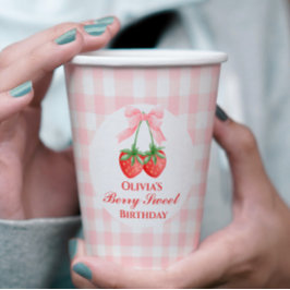 Vasos De Papel Cumpleaños Berry Sweet lazo rosa Gingham