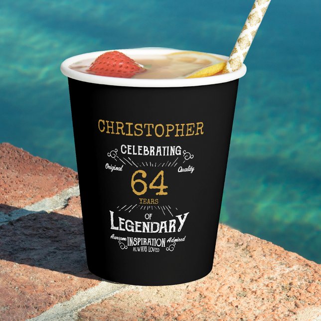 Vasos De Papel Cumpleaños Black Gold Retro Cualquier Año (Black and gold personalized birthday party paper cups.)