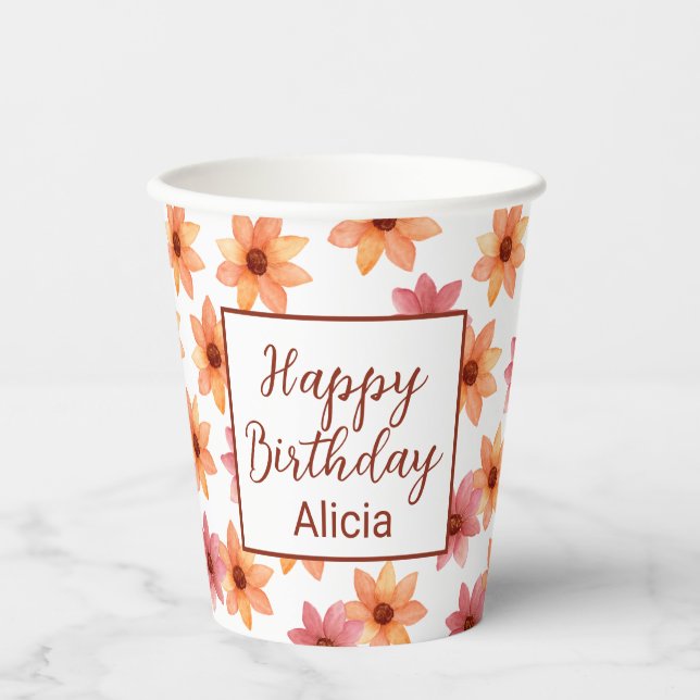 Vasos De Papel Cumpleaños Blanco de la Flor de Otoño Roja naranja (Anverso)