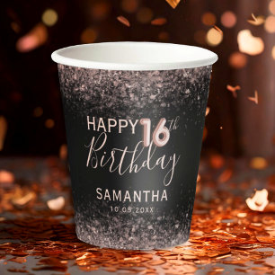 Vasos De Papel Cumpleaños Chic 16 Negro y Brillo de Oro Rosa