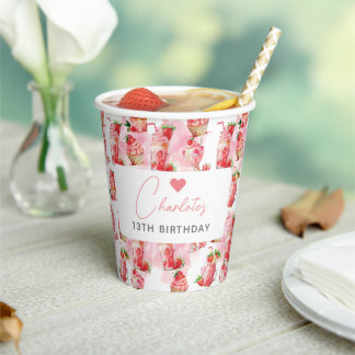 Vasos De Papel Cumpleaños chica Fresa personalizada Milkshake