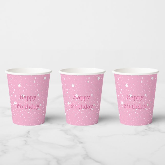 Vasos De Papel Cumpleaños Cielo Blanco Rosa de Estrellas (Multi)