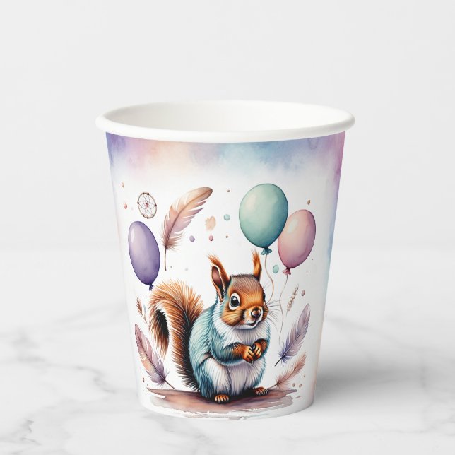 Vasos De Papel Cumpleaños con globos de ardilla bebé en acuarela  (Anverso)