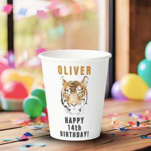 Vasos De Papel Cumpleaños con nombre de Cabeza de Tigre Acuarela