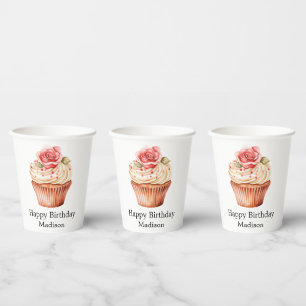 Vasos De Papel Cumpleaños Cupcake Rosa Blush Chic