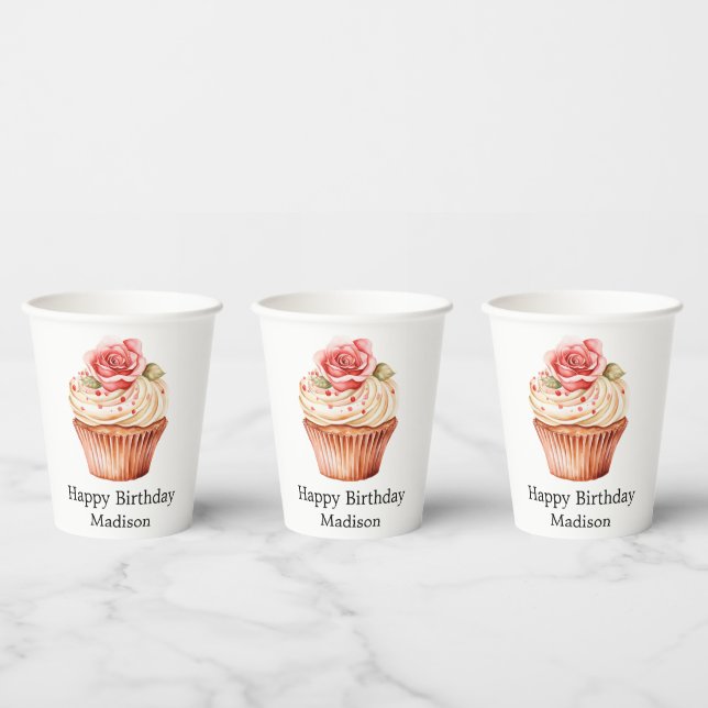 Vasos De Papel Cumpleaños Cupcake Rosa Blush Chic (Multi)