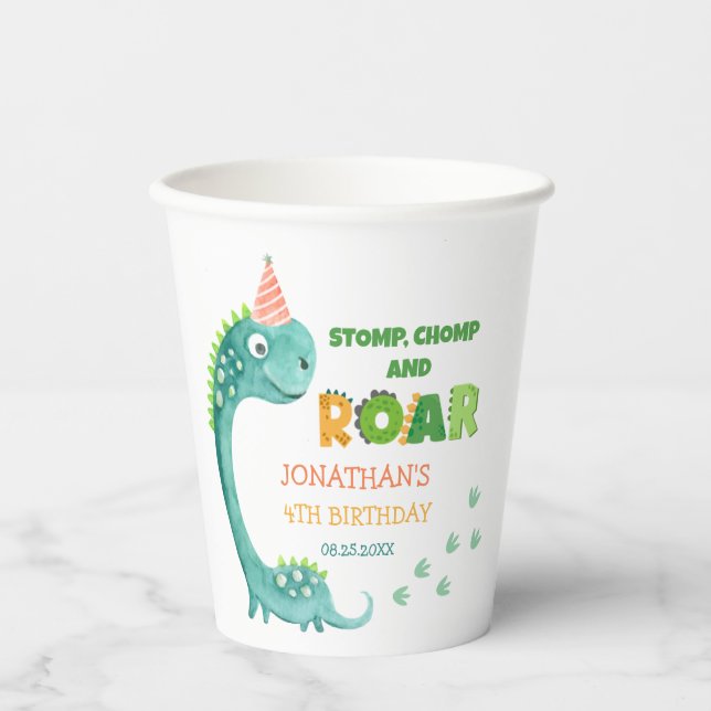 Vasos De Papel Cumpleaños Cute Dinosaur Stomp Chomp Rugido (Anverso)