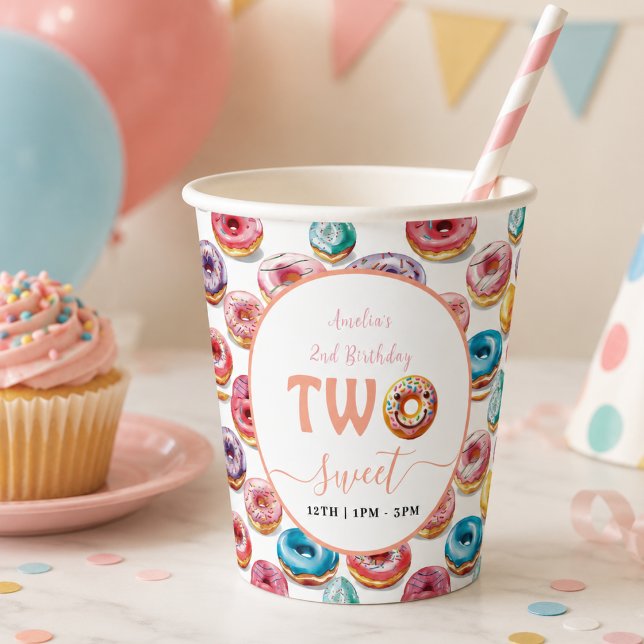 Vasos De Papel Cumpleaños de 2 años Two Sweet Donuts (Two Sweet Donuts 2nd Birthday party Paper Cups)