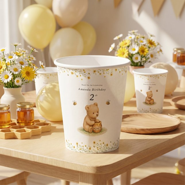 Vasos De Papel Cumpleaños de Bebé Floral Honey Bear (Subido por el creador)