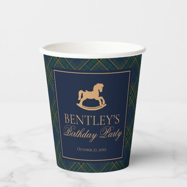 Vasos De Papel Cumpleaños de Caballo de Balanza Clásico de Tartán (Anverso)
