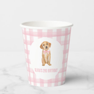 Vasos De Papel Cumpleaños de cachorro con cuadros rosados preppy