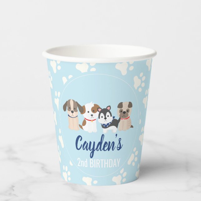 Vasos De Papel Cumpleaños de cachorro huellas de patas azules (Anverso)