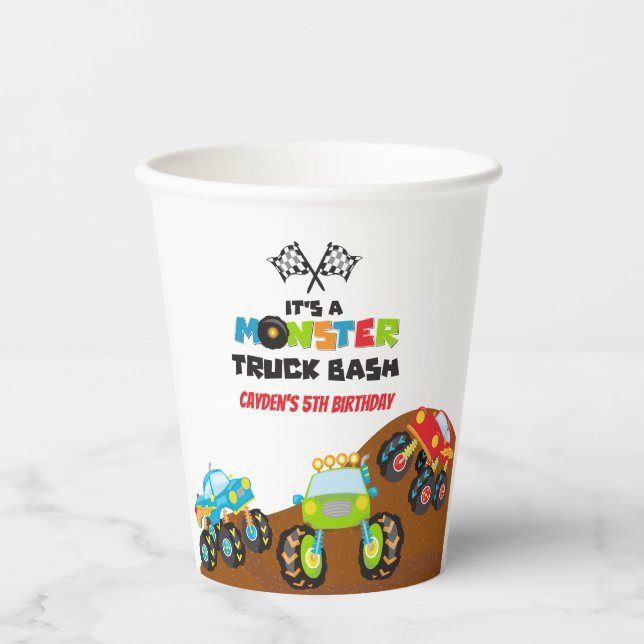 Vasos De Papel Cumpleaños de camión monstruo (Anverso)