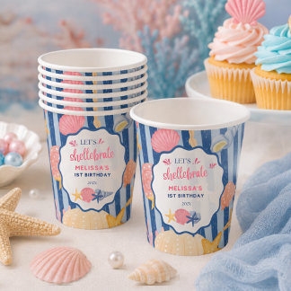 Vasos De Papel Cumpleaños de concha azul rosa bajo el mar
