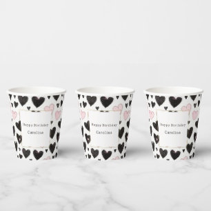 Vasos De Papel Cumpleaños de Corazones Negros Rosados