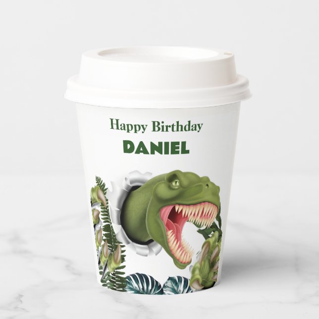 Vasos De Papel Cumpleaños de Dinosaurio 3D (Anverso)