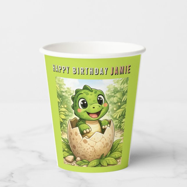 Vasos De Papel Cumpleaños de dinosaurio bebé cría adorable (Anverso)