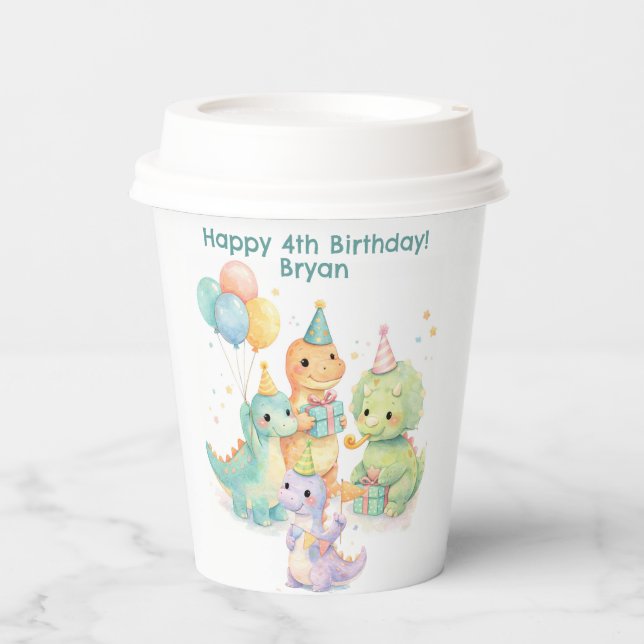 Vasos De Papel Cumpleaños de dinosaurios de acuarela pastel lindo (Anverso)