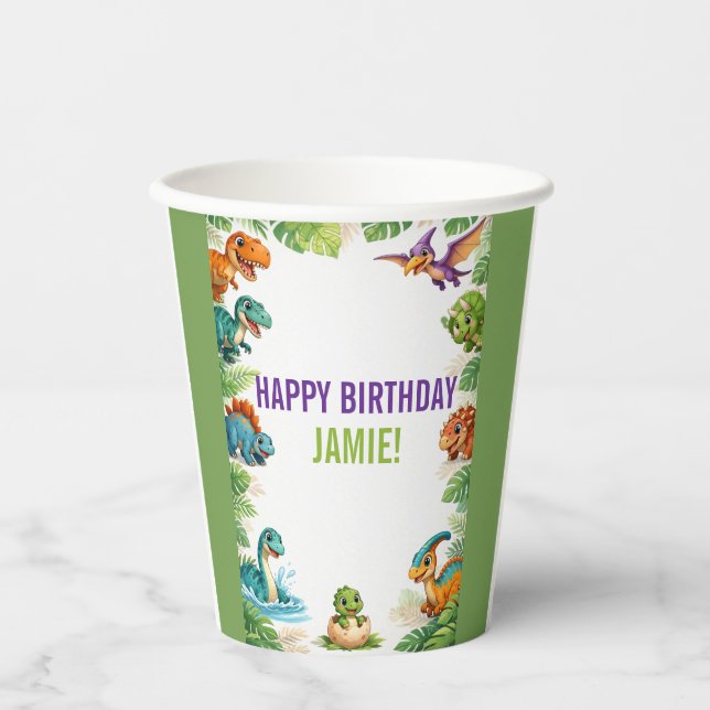Vasos De Papel Cumpleaños de dinosaurios para niños lindos (Anverso)