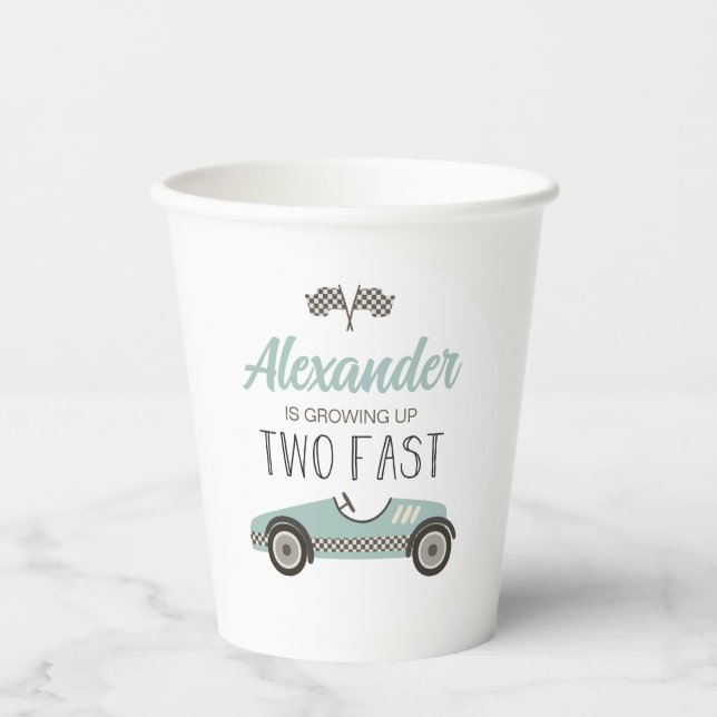 Vasos De Papel Cumpleaños de dos coches de carreras azules rápido (Anverso)