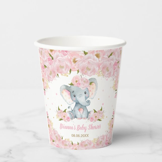 Vasos De Papel Cumpleaños de ducha de bebé elefante floral rosa r (Anverso)