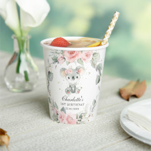 Vasos De Papel Cumpleaños de Flora Rosa y Verde de Koala Adorable