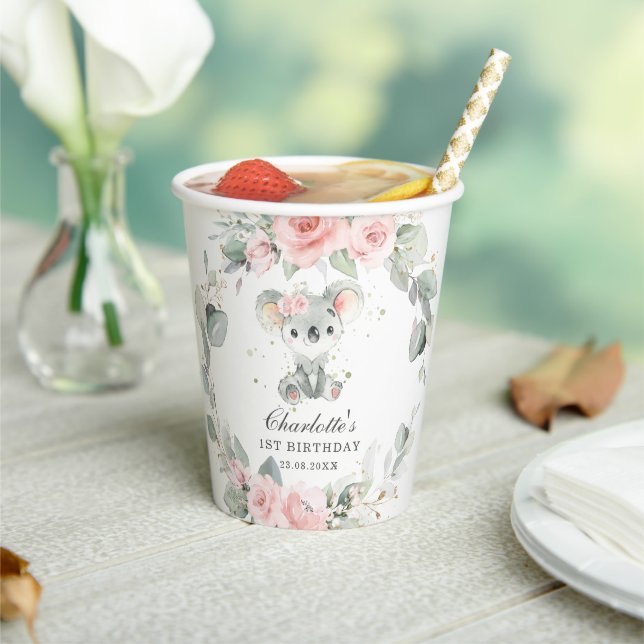 Vasos De Papel Cumpleaños de Flora Rosa y Verde de Koala Adorable (in situ)