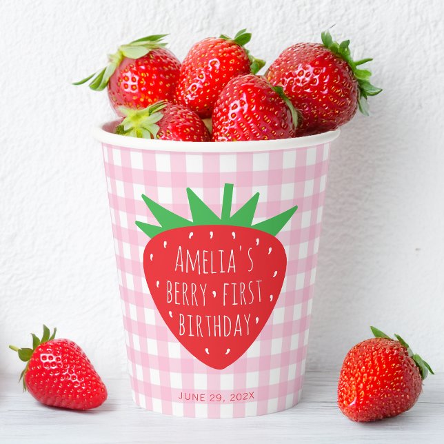 Vasos De Papel Cumpleaños de Fresa de Niña con Plaid Rosa (Subido por el creador)