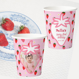 Vasos De Papel Cumpleaños de Fresa de Niña por Primera Vez