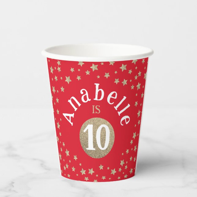 Vasos De Papel Cumpleaños de Galaxia de Estrellas con Brillo Rojo (Anverso)