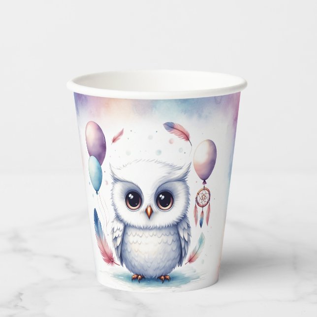 Vasos De Papel Cumpleaños de globos de búho bebé acuarela linda (Anverso)