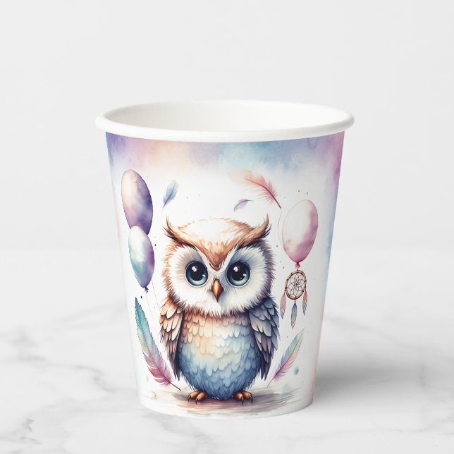 Vasos De Papel Cumpleaños de globos de búho bebé acuarela linda   (Anverso)
