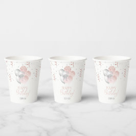 Vasos De Papel Cumpleaños de globos rosados y plateados