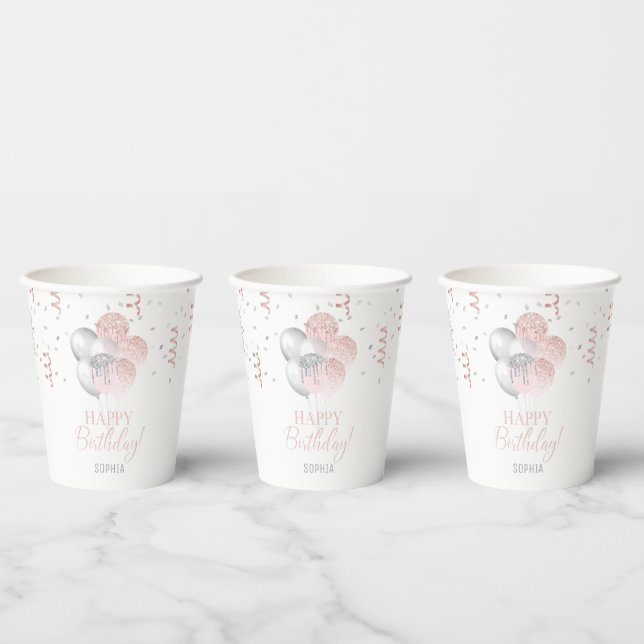 Vasos De Papel Cumpleaños de globos rosados y plateados (Multi)