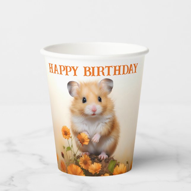 Vasos De Papel Cumpleaños de Hamster Entre Flores Naranjas (Anverso)