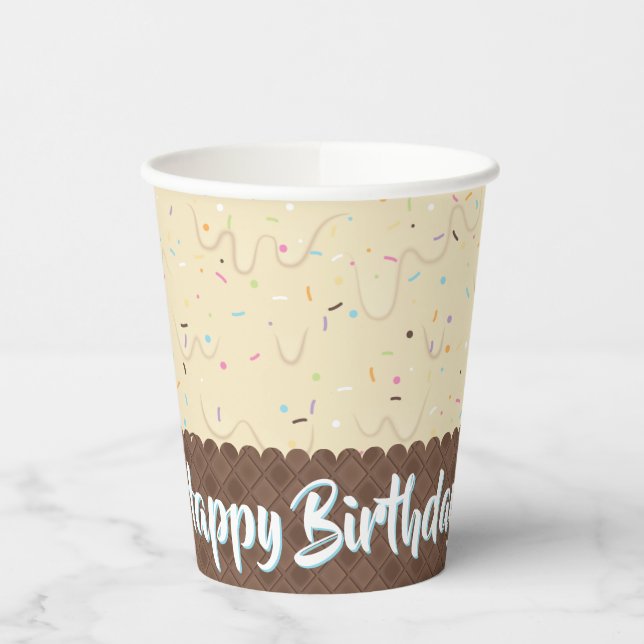 Vasos De Papel Cumpleaños de Helado de Marfil y Purpurina (Izquierda)