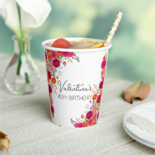 Vasos De Papel Cumpleaños de jardín floral rosa y naranja colorid