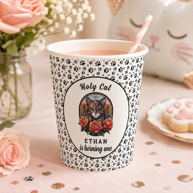 Vasos De Papel Cumpleaños de la niña gato adorable (Cute Cat Girl First Birthday Paper Cups)