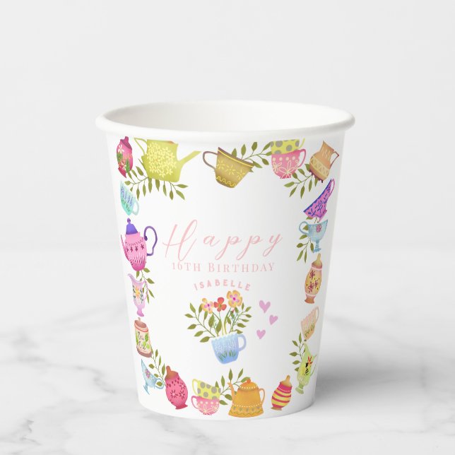 Vasos De Papel Cumpleaños de las teteras y las copas (Anverso)