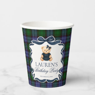Vasos De Papel Cumpleaños de lazo Coquette Preppy Oso Tartán Cuad