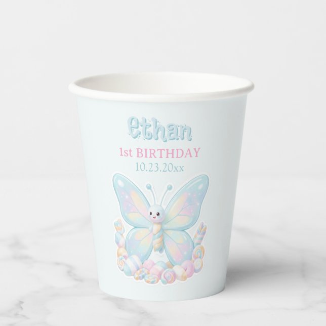 Vasos De Papel Cumpleaños de Mariposa de Algodón de Azúcar Azul (Anverso)