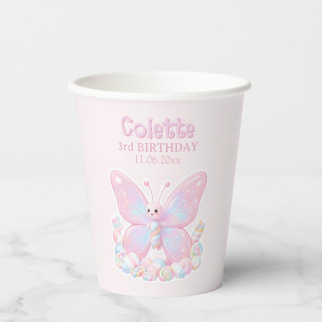Vasos De Papel Cumpleaños de Mariposa Fresa Rosa (Anverso)