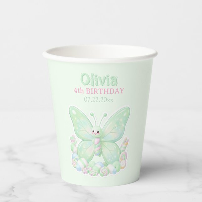 Vasos De Papel Cumpleaños de Mariposa Verde Menta (Anverso)