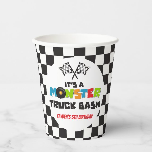 Vasos De Papel Cumpleaños de monstruos de camiones monstruo (Anverso)