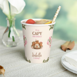 Vasos De Papel Cumpleaños de niña kawaii capybara rosa lindo