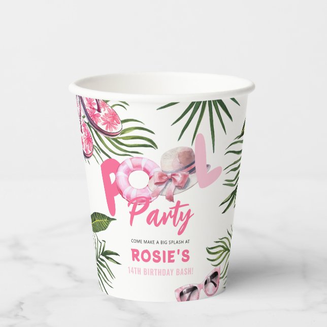 Vasos De Papel Cumpleaños de niña Pretty Pink Pool Party (Anverso)
